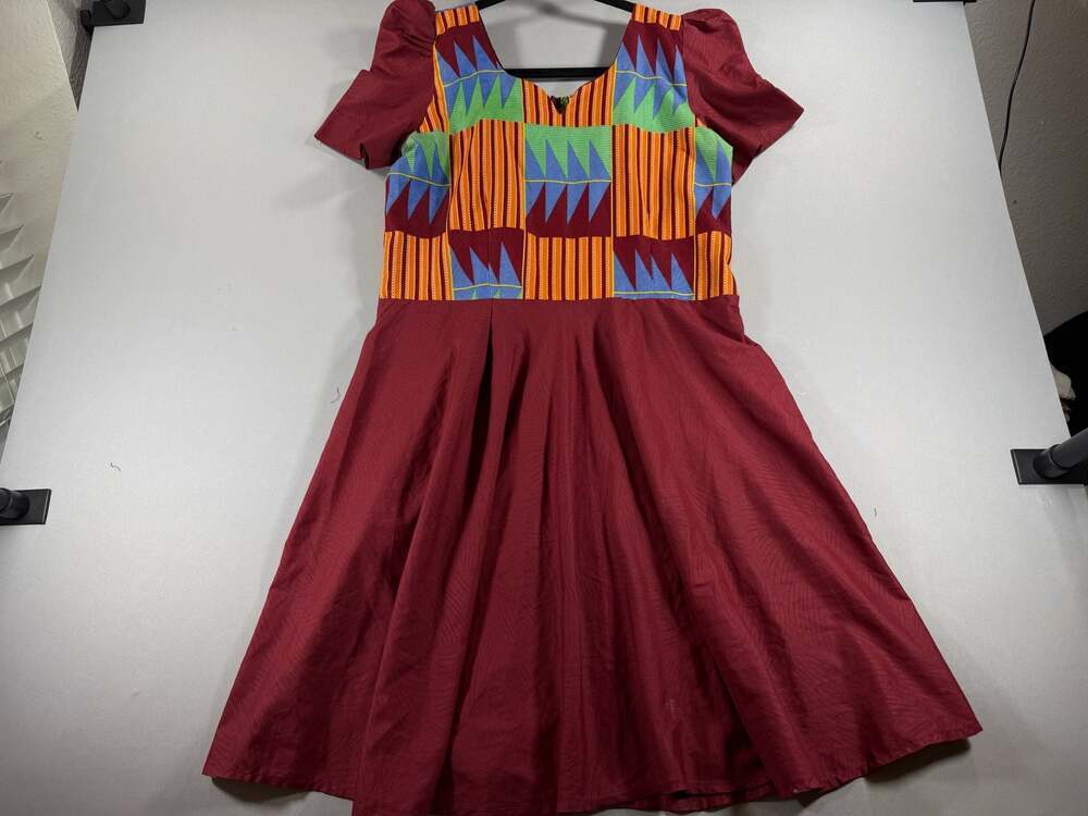 Veritable Real Wax Hollandais African Print Short Sleeve Dress Burgundy Autumn w